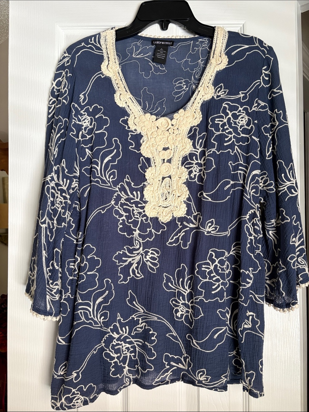 Navy Floral Crochet-Trim Peasant Top